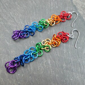 Chainmaille Earrings, Rainbow Chainmail Jewelry, Shaggy Loops, Pride Accessory, Lightweight Aluminum, Hypoallergenic