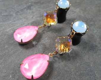 Dangle Plugs, 12g, 10g, 8g, 6g, 4g, 2g, 0g, Wedding Gauges, Light Pink Crystals, Rhinestone Teardrops, Prom Accessories