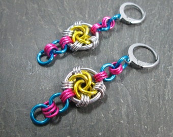Chainmaille Earrings, LGBTQ Jewelry, Mobius Swirls, Pan Pride, Pansexual Colors, Stainless Steel Leverbacks