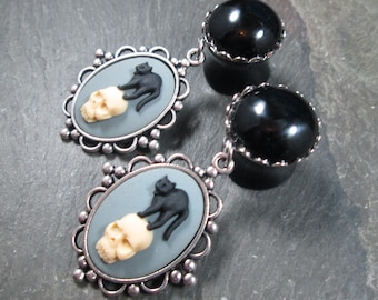 Dangle Plugs, 12g, 10g, 8g, 6g, 4g, 2g, 0g, 00g, 1/2", 9/16", 5/8", 3/4", Black Cat and Skull, Gothic Wedding, Gauged Plug Earrings