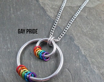 LGBTQ Pride Pendant, Aluminum Hoops, Stainless Steel Chain, Choose Your Colors, Gay, Bi, Trans, Pan, Ace, Non Binary, Genderfluid, Poly