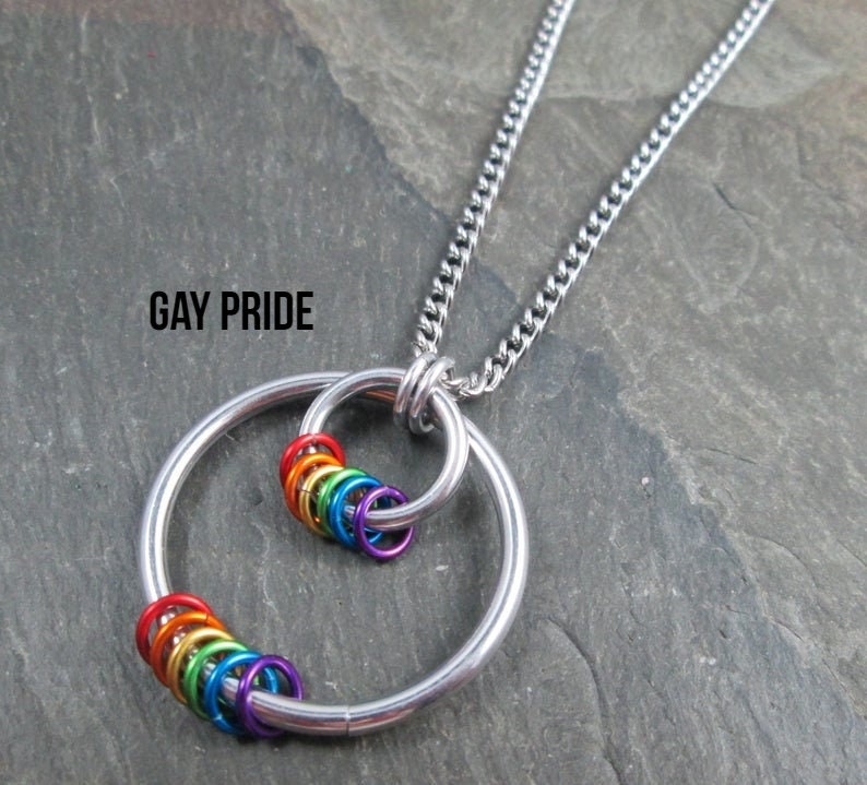 LGBTQ Pride Pendant, Aluminum Hoops, Stainless Steel Chain, Choose Your Colors, Gay, Bi, Trans, Pan, Ace, Non Binary, Genderfluid, Poly image 1