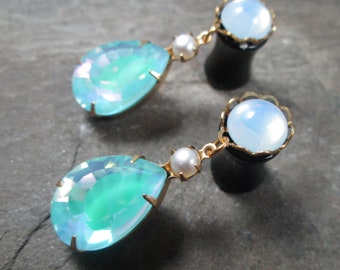 Dangle Plugs, 12g, 10g, 8g, 6g, 4g, 2g, 0g, Wedding Gauges, AB Blue and Pearl, Rhinestone, Gauged Plug Earrings, Prom Jewelry