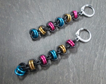 Chainmaille Earrings, Chainmail LGBTQ Jewelry, Pansexual Pride, Lightweight Aluminum, Barrel Weave, Stainless Steel Leverbacks