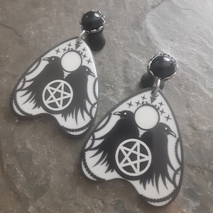 Dangle Plugs, 12g, 10g, 8g, 6g, 4g, 2g, 0g, 00g, 1/2&quot;, 9/16&quot;, 5/8&quot;, 3/4&quot;, 7/8&quot;, 1&quot;, Pentacle Planchette, Witchy Ravens, Gauged Earrings