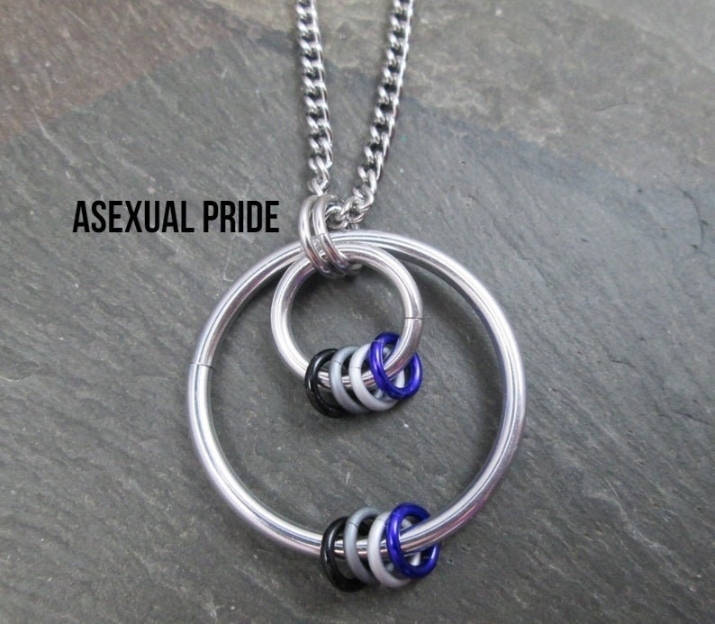 May include: A silver chain necklace with a pendant featuring two interlocking circles and a cluster of small rings in black, gray, white, and blue. The pendant is a symbol of asexual pride.