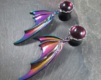 Dangle Plugs, 12g, 10g, 8g, 6g, 4g, 2g, 0g, 00g, 1/2", 9/16", 5/8", Rainbow Bat Wings, Gauged Plug Earrings, Gothic Jewelry