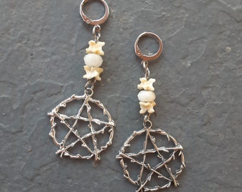 Tunnel Friendly Earrings, Pentacle and Moonstone, Snake Vertebrae Bones, Gemstone Ear Hangers, Ethical Bones, Pagan Jewelry