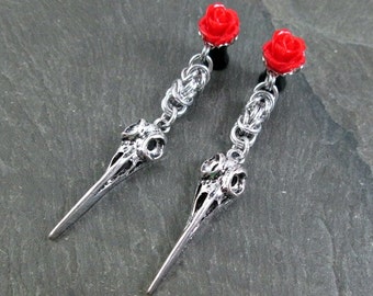 Dangle Plugs, Gothic Crow Skull Gauges, Rose Plugs, Bridal Jewelry