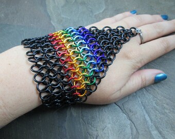 Chainmaille Hand Bracelet, Black and Rainbow Chainmail Jewelry, LGBTQ Pride, Hand Flower