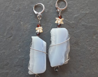 Tunnel Friendly Earrings, Blue Lace Agate and Garnet, Snake Vertebrae Bones, Gemstone Ear Hangers, Ethical Bones, Pagan Jewelry