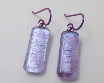 Dichroic fused glass earrings Lavender pale purple shimmer translucent dangle earrings Hypo-allergenic niobium ear wires