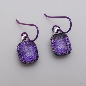 Fabulous dainty  purple  dichroic glass earrings Purple niobium hypo-allergenic ear wires fused glass jewelry Lightweight color punch