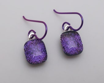 Fabulous dainty  purple  dichroic glass earrings Purple niobium hypo-allergenic ear wires fused glass jewelry Lightweight color punch