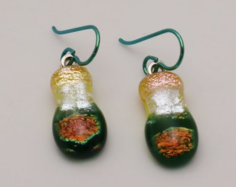 Yellow green multi-layer fused dichroic glass earrings Hypo-allergenic Niobium ear wires dangle drop