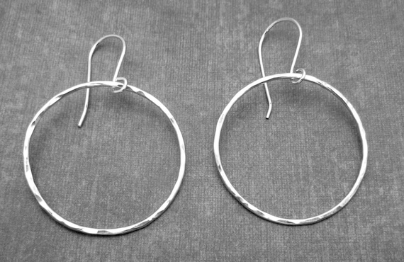 16 Gauge Argentium  Sterling Silver Hoops- Classic Round Hoops- Hammered - Dangle Hoops- Round Minimalist- Hand Made Artisan Boho