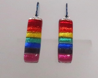Long Dichroic glass earrings rainbow Niobium Hypo-allergenic  ear wires red orange yellow green blue violet pink Pride dangles dangly