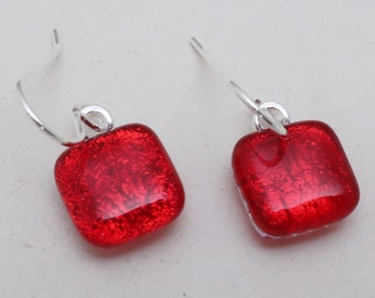 Dainty Red silver dichroic glass earrings Sterling Silver ear wires drop dangle fused glass earrings jewelry translucent lightweight