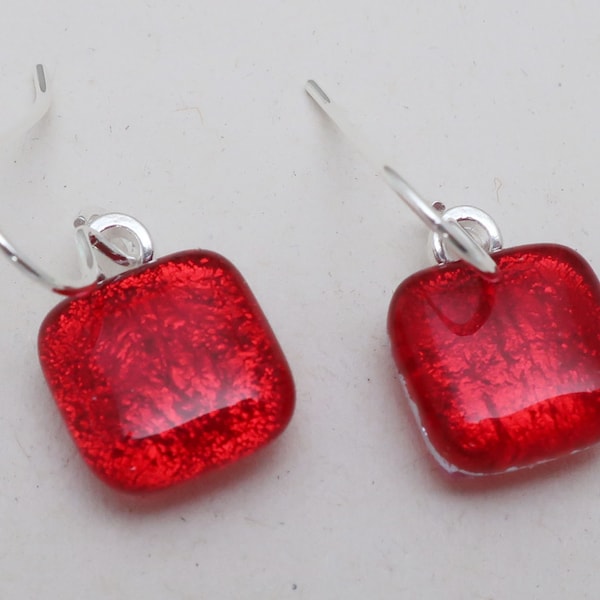 Dainty Red silver dichroic glass earrings Sterling Silver ear wires drop dangle fused glass earrings jewelry translucent lightweight