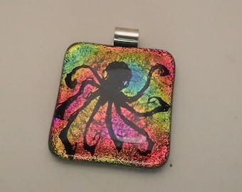 Large Dichroic Pendant Finely engraved Cephalopod Octopus  fused glass jewelry pendant Pink gold Original design