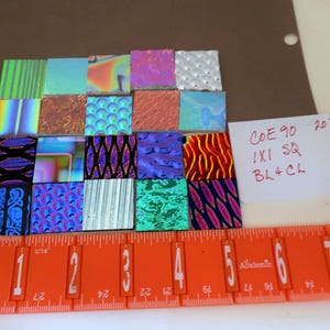 20 - 1 X 1&quot; black & clear thin COE 90 Dichroic Glass Squares for pendants /earrings fused glass supplies unique designs colors and patterns