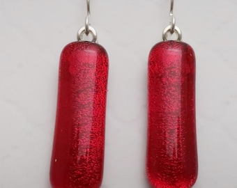 Stunning long red dichroic glass earrings  dangly  Fused glass jewelry dangle drop sterling silver ear wires earrings