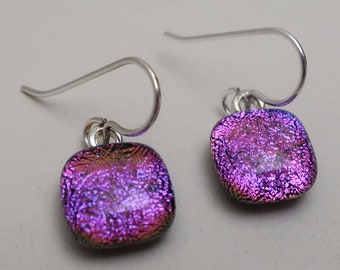 Dainty Dichroic glass earrings magenta pink dangle earrings fused dichroic glass Sterling Silver  ear wires fused glass earrings