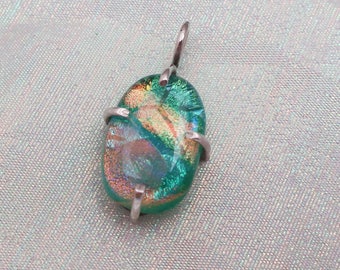 Sterling silver Bright Fused dichroic glass pendant green gold translucent OOAK oval Hand set prongs