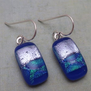 Dichroic glass earrings  cobalt blue green modern sterling silver earrings Silver Blue Green Earrings Dangle dangly earrings