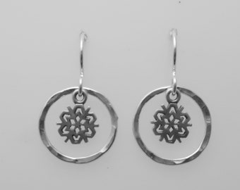 Cute Sterling silver snowflake earrings Argentium hammered hoop dangle simple nature  good luck charm dainty delicate gift for her