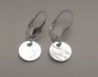 Tiny sterling silver hammered disk lever-back earrings petite circle dangle earrings 1" long earrings