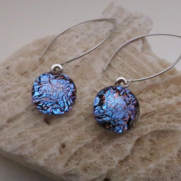 Blue coral fused dichroic glass Argentium Sterling silver threader earrings Minimal almond open hoops Nickel Free Dangle earrings