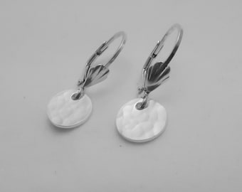 Tiny sterling silver hammered disk everyday lever-back earrings petite circle dangles 1" long earrings leverback latch back lightweight