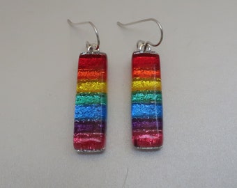 Long Dichroic glass earrings rainbow Sterling Silver ear wires red orange yellow green blue violet pink  drops dangles dangly Pride jewelry