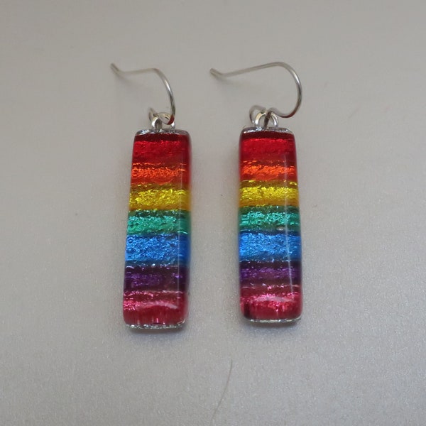 Long Dichroic glass earrings rainbow Sterling Silver ear wires red orange yellow green blue violet pink  drops dangles dangly Pride jewelry