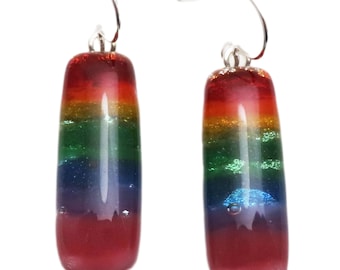 Long Artisan Dichroic glass earrings Pride rainbow Sterling Silver  ear wires red orange yellow green blue violet pink drops dangles dangly