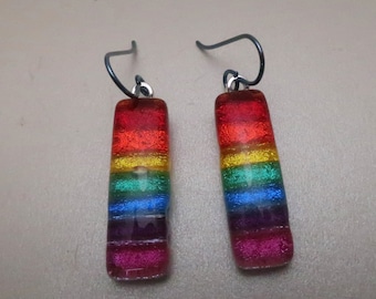 Long Dichroic glass earrings rainbow Niobium Hypo-allergenic  ear wires red orange yellow green blue violet pink Pride dangles dangly