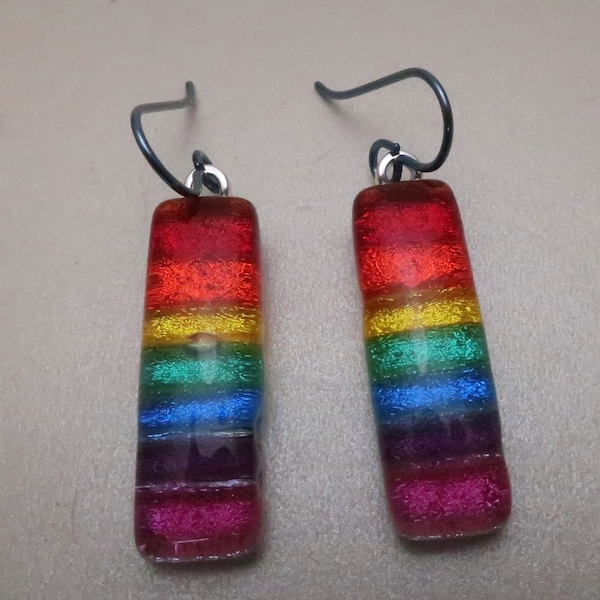 Long Dichroic glass earrings rainbow Niobium Hypo-allergenic  ear wires red orange yellow green blue violet pink Pride dangles dangly