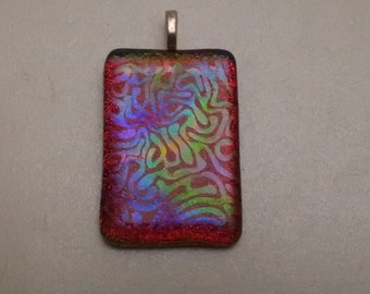 Multicolor Maze dichroic glass pattern over a sparkly red orange dichroic glass large fused glass jewelry stunning focal pendant