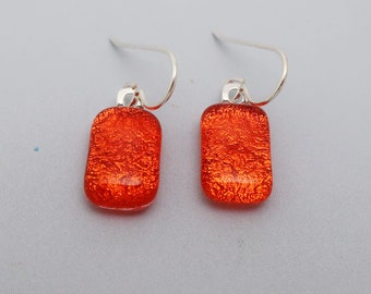 Lightweight Bold Hot colors fused dichroic glass dangle earrings  bright orange glass dangly  earrings sterling silver ear wires jewelry