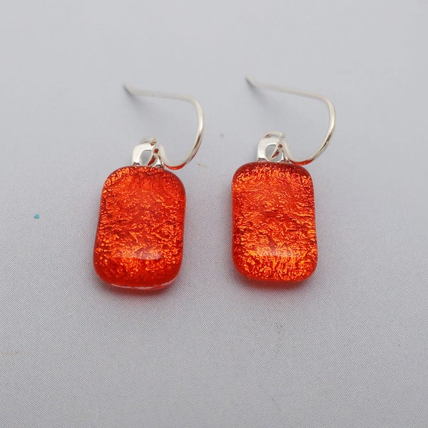 Lightweight Bold Hot colors fused dichroic glass dangle earrings  bright orange glass dangly  earrings sterling silver ear wires jewelry