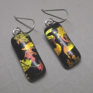 Bright Red Orange Leaf fused dichroic glass earrings sterling silver ear wires dangle dangly drop two layer autumn falling leaves earrings