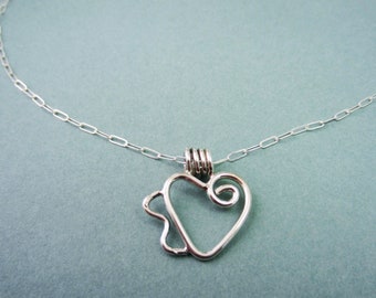 Argentium Sterling Silver Heart Pendant 18" Sterling Silver Chain Necklace Abstract Handcrafted lover necklace Small heart Fun Gift