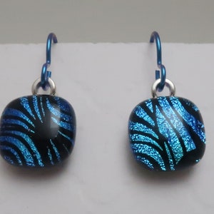 Turquoise blue waves pattern fused dichroic glass Niobium ear wires Dangle earrings  Petite Hypo-allergenic dangly