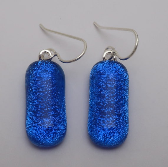 Long Bright Denim Blue Dichroic Glass Sterling Silver Dangle Earrings
