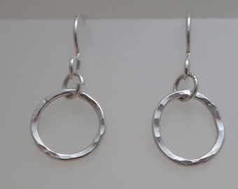 Double Eternity Earrings-Argentium Sterling Silver Hoops -Round Hoops- Hammered texture- Dangle Hoops- Round 1" long dangly