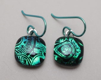 Petite dangle Emerald green steampunk dichroic glass earrings fused glass earrings Niobium Hypo-allergenic glass jewelry