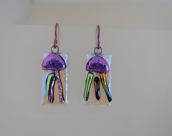 Dichroic glass earrings Bright Pink Jellyfish  fused glass Hypoallergenic Niobium Earrings Dangly sea jellies