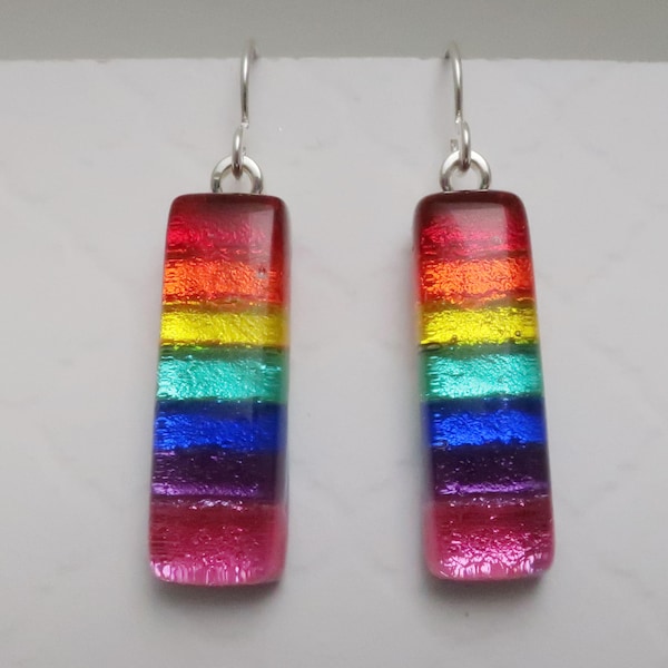 Long Dichroic glass earrings rainbow Sterling Silver ear wires red orange yellow green blue violet pink  drops dangles dangly Pride jewelry