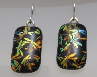 Two layer Dragonfly dichroic glass earrings sterling silver ear wires Fused Glass jewelry dangle Gold dragonflies dangly fun jewelry